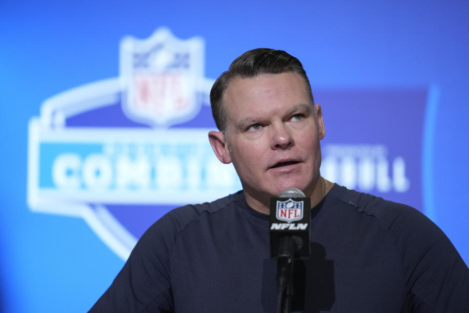 Indianapolis Colts general manager Chris Ballard speaks during a press conference at the NFL football scouting combine in Indianapolis, Wednesday, March 1, 2023. (AP Photo/Michael Conroy)
