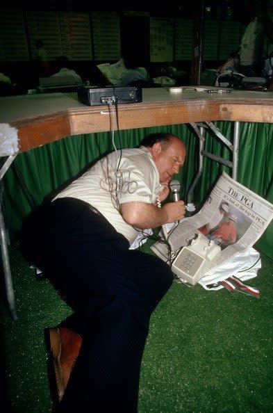 Broadcasting from under a table at the US PGA Championship at Palm Beach, Florida, in 1987: at the time he was golf correspondent for both the Evening Standard and the BBC - Phil Sheldon/Popperfoto via Getty Images/Getty Images