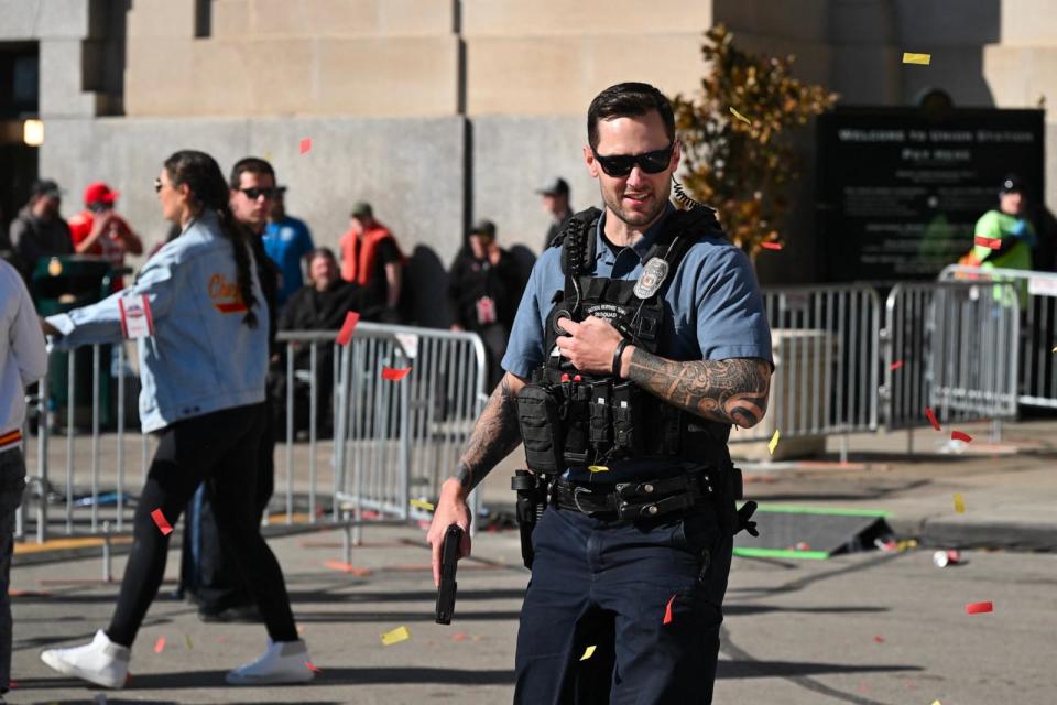 PHOTO: Police respond after shots were fired near the Kansas City Chiefs' Super Bowl LVIII victory parade on Feb. 14, 2024, in Kansas City, Mo. (Andrew Caballero-Reynolds/AFP via Getty Images)