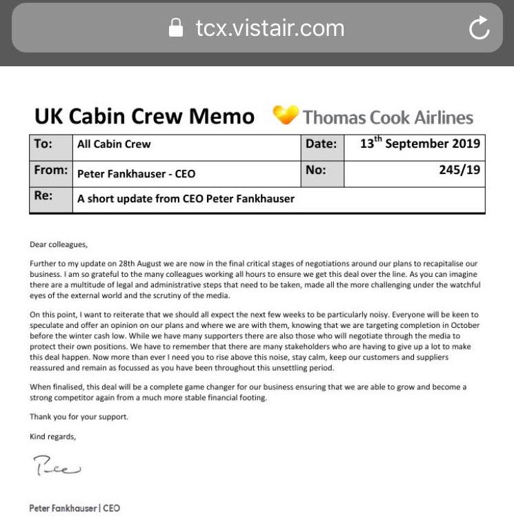 Ex-Thomas Cook staff say they received this memo. Photo: Screenshot