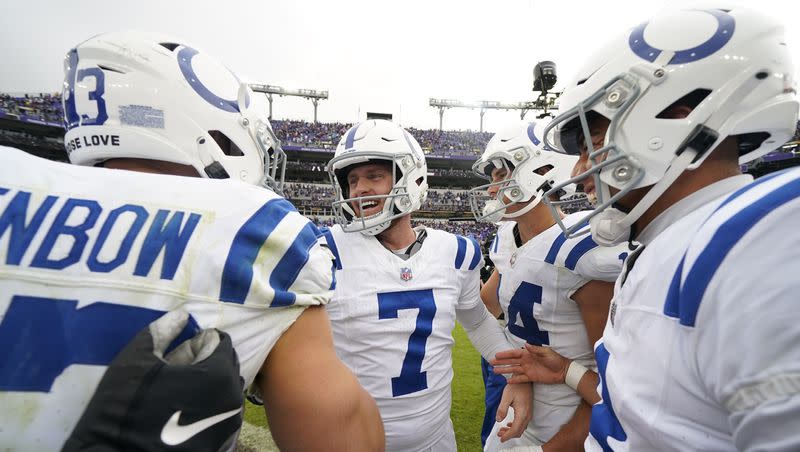 Indianapolis Colts place kicker Matt Gay (7) celebrates with teammates after kicking the game-winning field goal during overtime game against the Baltimore Ravens, Sunday, Sept. 24, 2023, in Baltimore.