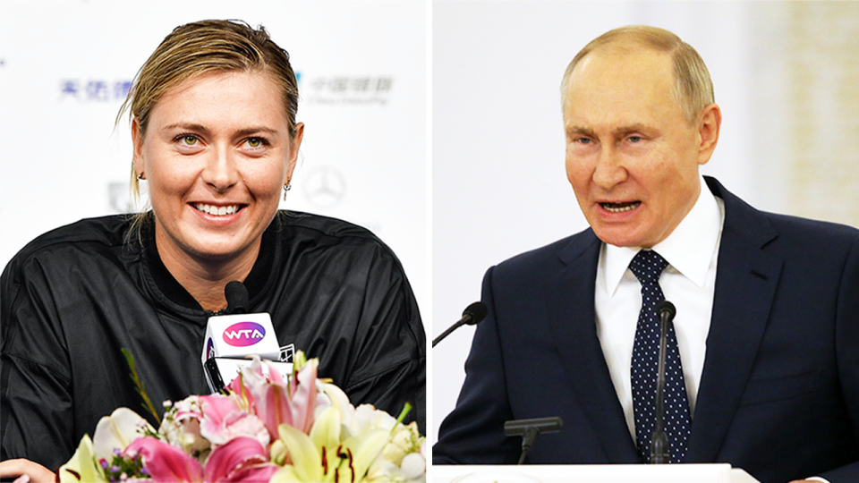 Икона российского тенниса Мария Шарапова (на фото слева) во время пресс-конференции и (на фото справа) президент России Владимир Путин.