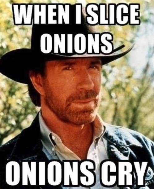 Chuck Norris meme that says "When I slice onion, onions cry"