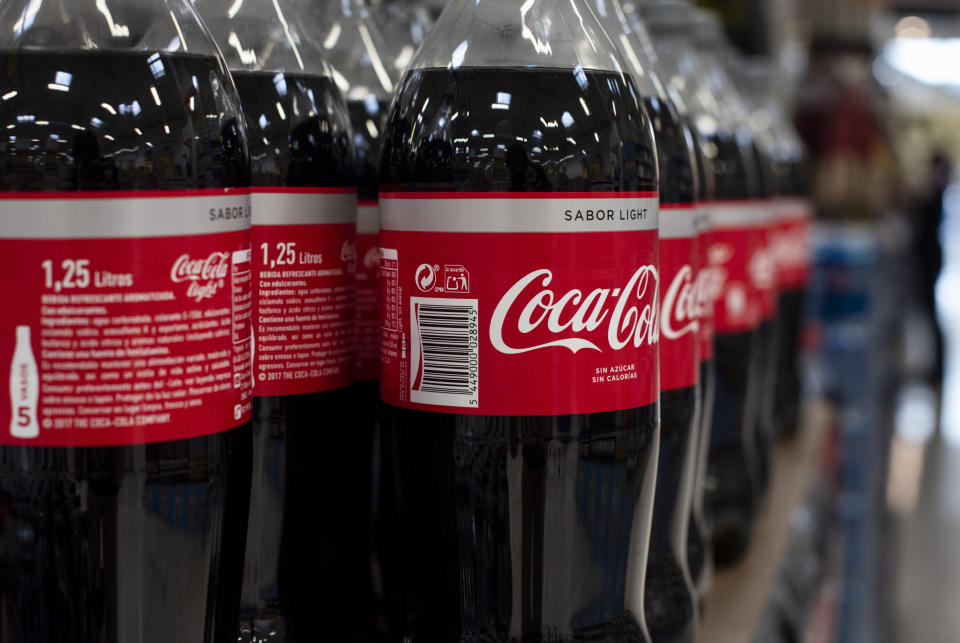 SPAIN - 2019/06/20: Bottles of American soft drink brand Coca-Cola displayed for sale at the Carrefour supermarket in Spain. (Photo by Budrul Chukrut/SOPA Images/LightRocket via Getty Images)