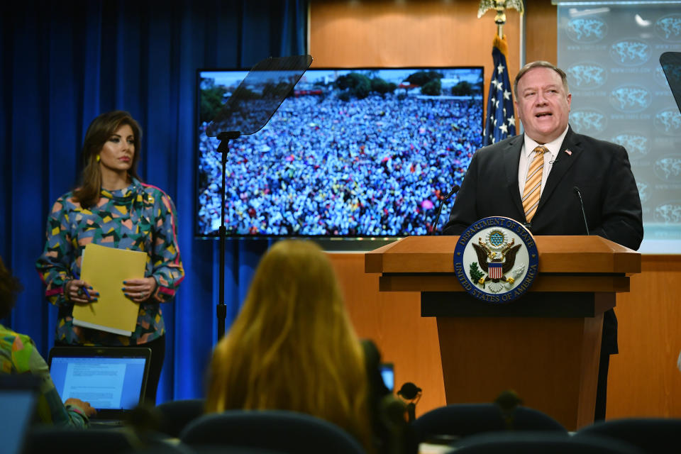 Secretary of State Mike Pompeo speaks during a press conference at the State Department, Wednesday, June 24, 2020 in Washington, as State Department spokeswoman Morgan Ortagus looks on, left. (Mandel Ngan/Pool via AP)
