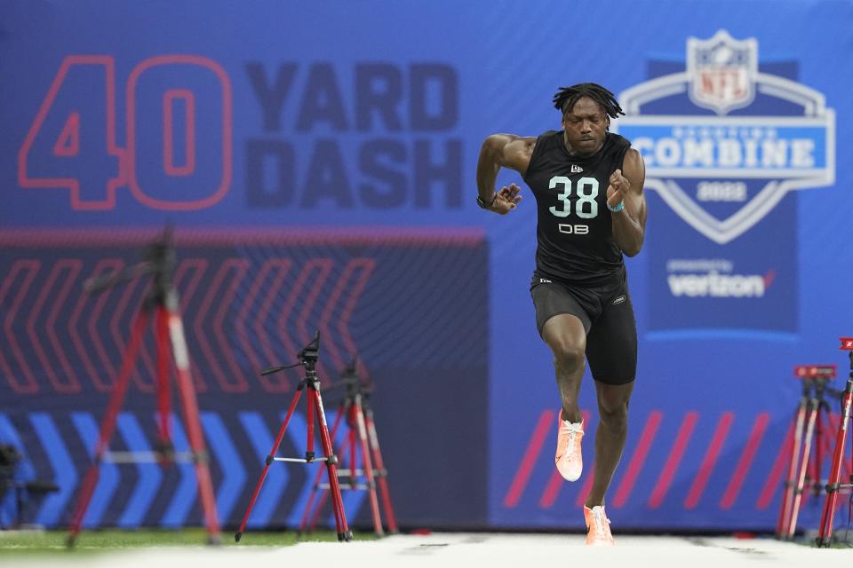 Tariq Woolen's blazing time was one of the highlights of the 40-yard dash at the NFL combine last year. (AP Photo/Darron Cummings)