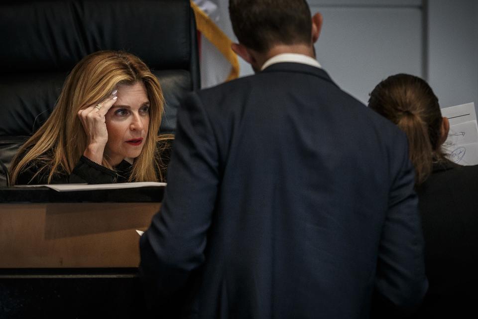 Judge Daliah Weiss listens to attorneys during a sentencing hearing for Jorge Dupre Lachazo at the Palm Beach County Courthouse in West Palm Beach, Fla, on April 5, 2023.