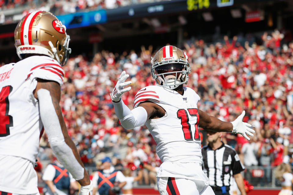 Emmanuel Sanders (17) should help smooth over some of Jimmy Garoppolo's weaknesses for the 49ers. (Getty Images)