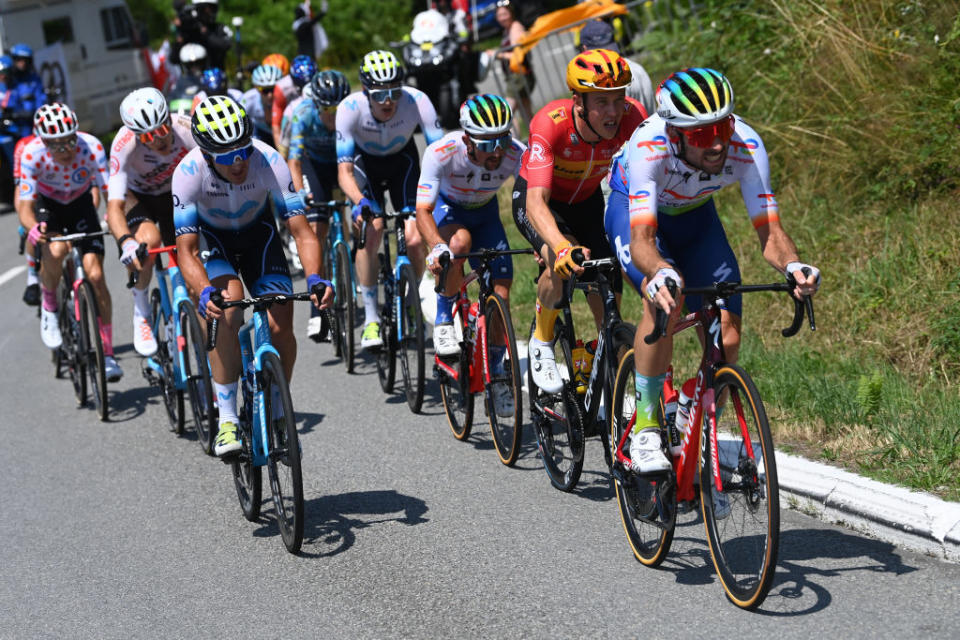 PUY DE DME FRANCE  JULY 09 LR Gorka Izagirre of Spain and Movistar Team and Pierre Latour of France and Team TotalEnergies compete in the breakaway during the stage nine of the 110th Tour de France 2023 a 1824km stage from SaintLonarddeNoblat to Puy de Dme 1412m  UCIWT  on July 09 2023 in Puy de Dme France Photo by Tim de WaeleGetty Images