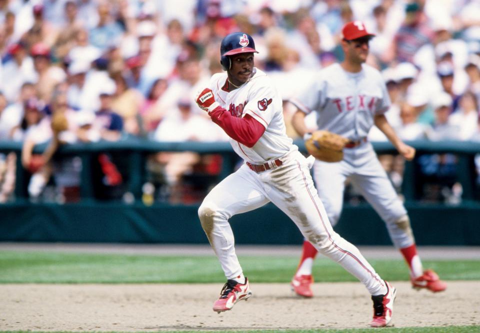 Cleveland center fielder Kenny Lofton runs the bases against the Texas Rangers  in Cleveland during the 1996 season.