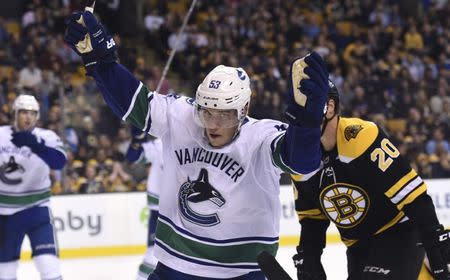 Oct 19, 2017; Boston, MA, USA; Vancouver Canucks center Bo Horvat (53) reacts after scoring a goal during the second period against the Boston Bruins at TD Garden. Mandatory Credit: Bob DeChiara-USA TODAY Sports