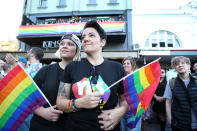 <p>Crowds supporting the Same Sex Marriage Survey listen to politicians and advocates at Taylor Square in the heart of Sydney’s gay precinct on Nov. 15, 2017 in Sydney, Australia. (Photo: James Alcock/Getty Images) </p>