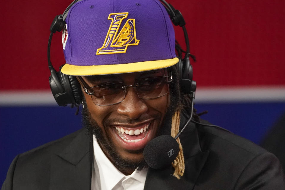 Isaiah Jackson answers questions during an interview after being selected 22nd overall by the Los Angeles Lakers during the NBA basketball draft, Thursday, July 29, 2021, in New York. (AP Photo/Corey Sipkin)