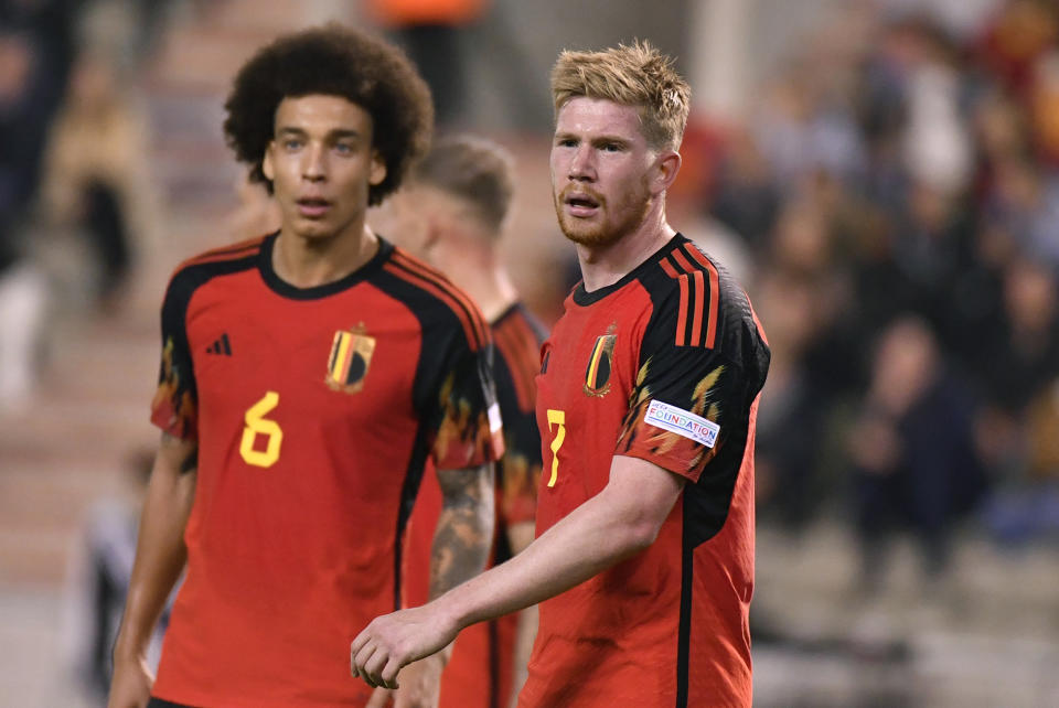 Belgium's Kevin De Bruyne, right, and Belgium's Axel Witsel during the Nations League soccer match between Belgium and Wales at the King Baudouin Stadium in Brussels, Thursday, Sept. 22, 2022. (AP Photo/Geert Vanden Wijngaert)