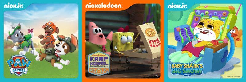 Nick Jr.《汪汪隊立大功》（左）、Nickelodeon《海綿寶寶：珊瑚營地》（中），Nick Jr.《鯊魚寶寶海洋歡樂秀!》（右）。（杰德影音提供）