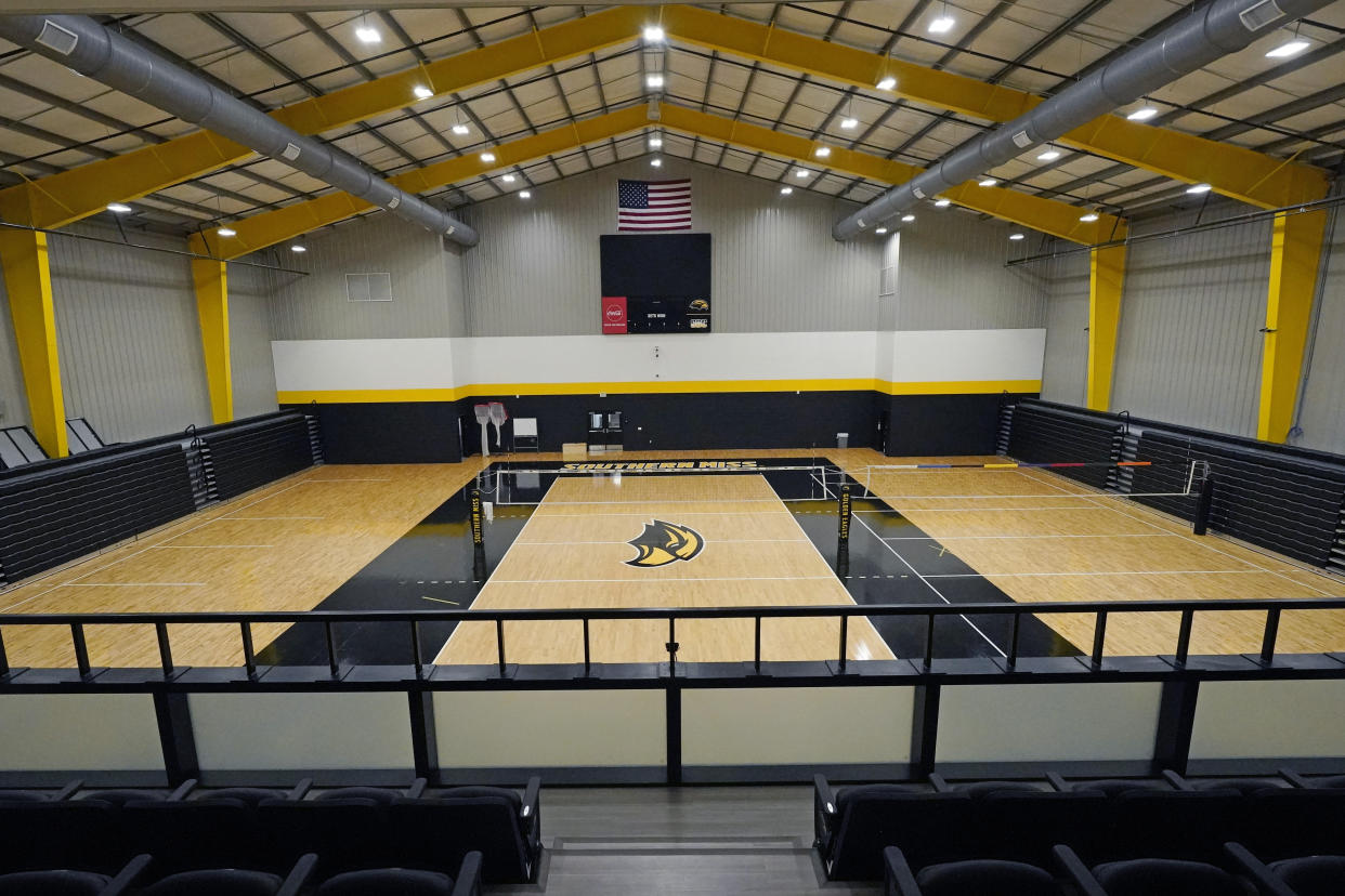 FILE - The volleyball courts in the Wellness Center at the University of Southern Mississippi in Hattiesburg, Miss., are pictured Sept. 16, 2022. In a court filing on Dec. 5, the Mississippi Department of Human Services demanded that retired NFL quarterback Brett Favre and the University of Southern Mississippi repay millions of dollars of welfare money that went toward building the volleyball facility. (AP Photo/Rogelio V. Solis, File)