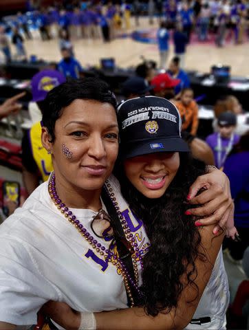 <p>Angel Reese X</p> Angel Reese and her mom Angel Webb Reese celebrating an LSU win.