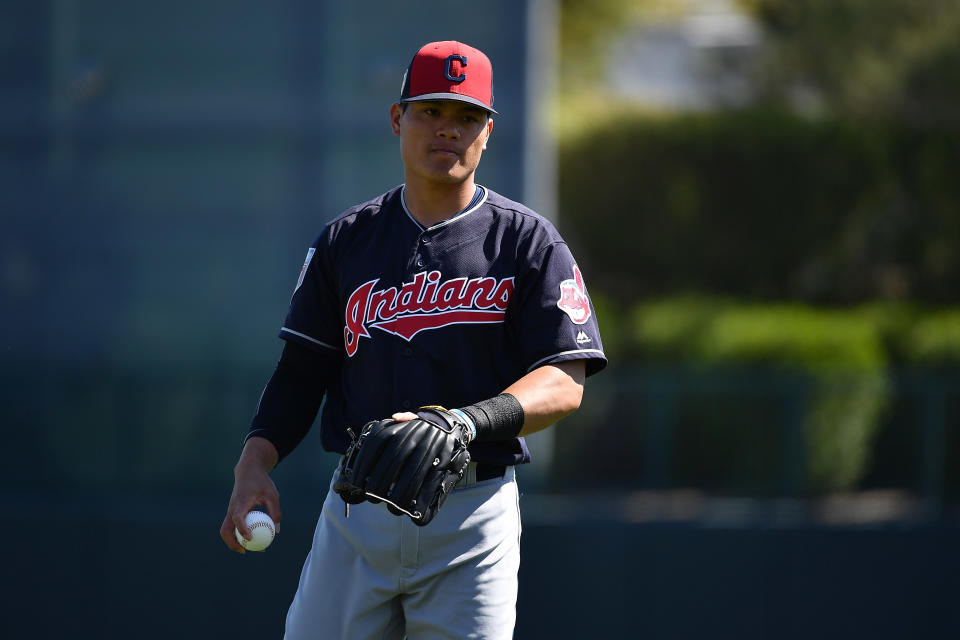 GLENDALE, AZ - MARCH 01:  Yu-Cheng Chang #75 of the Cleveland Indians warms up for the spring training game against the Los Angeles Dodgers at Camelback Ranch on March 1, 2018 in Glendale, Arizona.  (Photo by Jennifer Stewart/Getty Images)