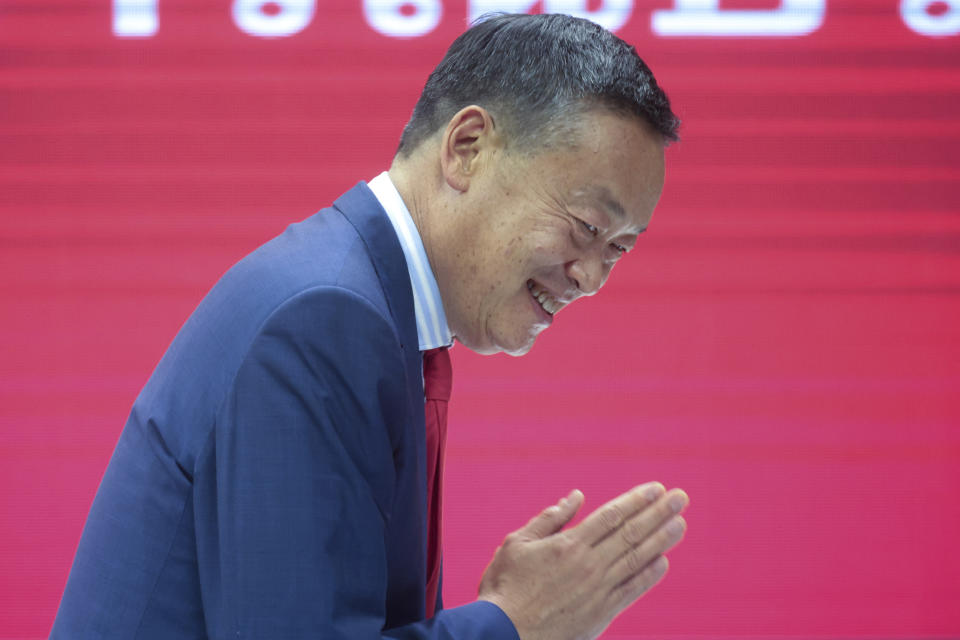 Pheu Thai political party's Srettha Thavisin reacts as he attends a press conference after Thailand's parliament voted in favor of his prime ministerial candidacy, at the party headquarters in Bangkok, Thailand, Tuesday, Aug. 22, 2023. (AP Photo/Wason Wanichakorn)