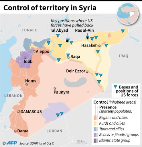 Control of territory in Syria as of October 7, plus bases and positions of US forces