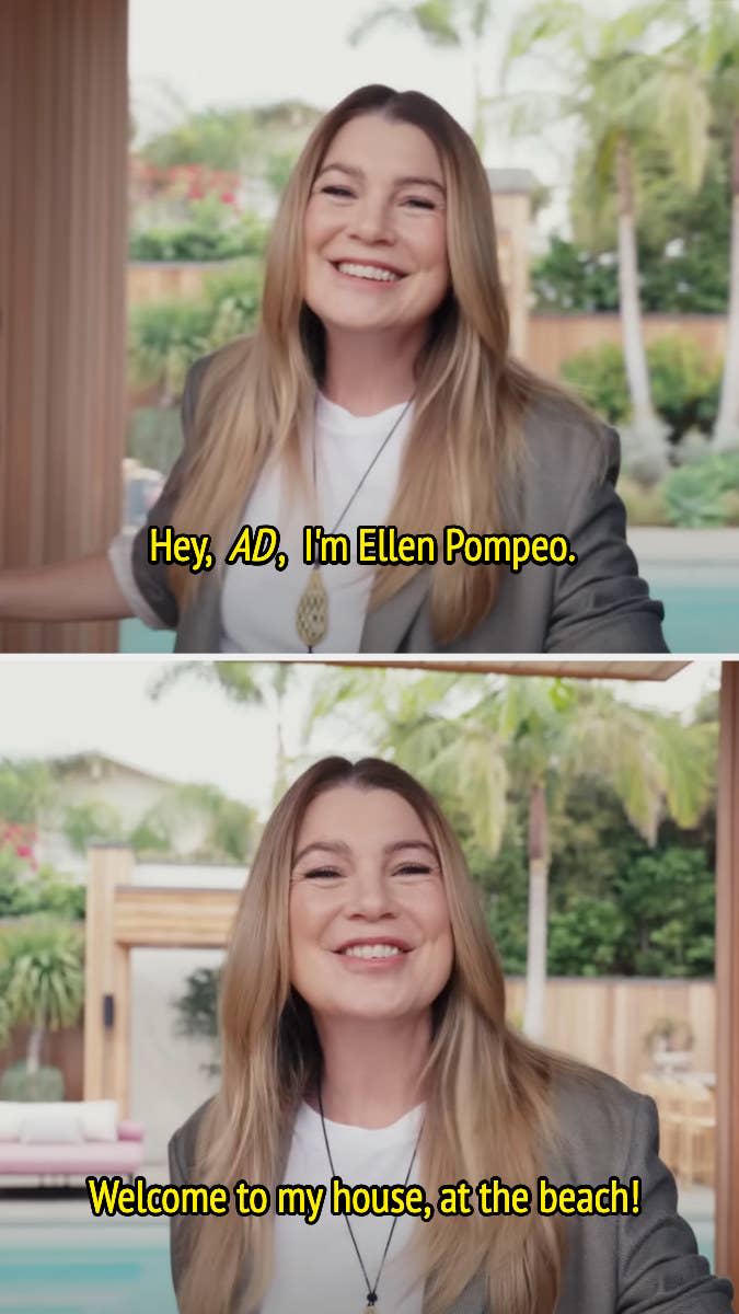 ellen saying hey a.d. i'm ellen pompeo, welcome to my house, at the beach while opening the door