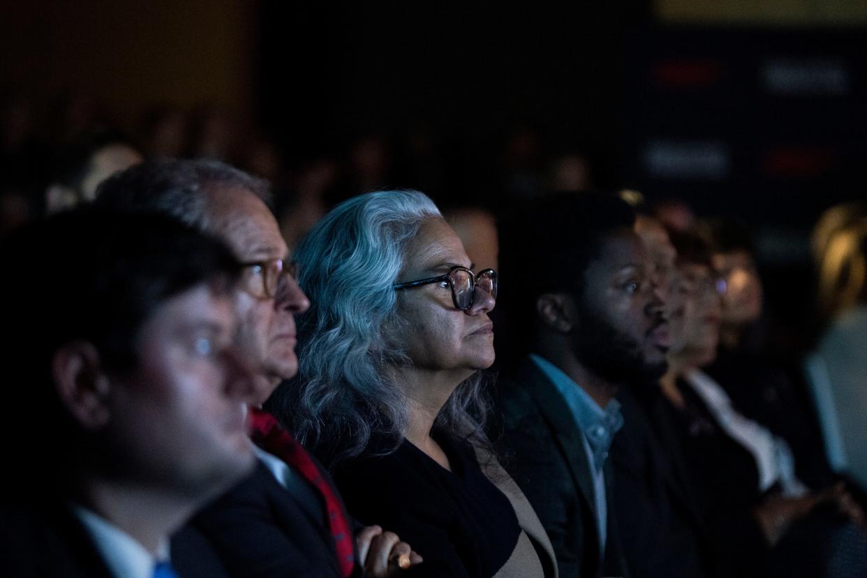Tennessee’s Commissioner of Education Lizzette Gonzalez Reynolds watches a commercial video on Gov. Bill Lee’s Education Freedom proposal at Tennessee State Museum in Nashville, Tenn., Tuesday, Nov. 28, 2023.