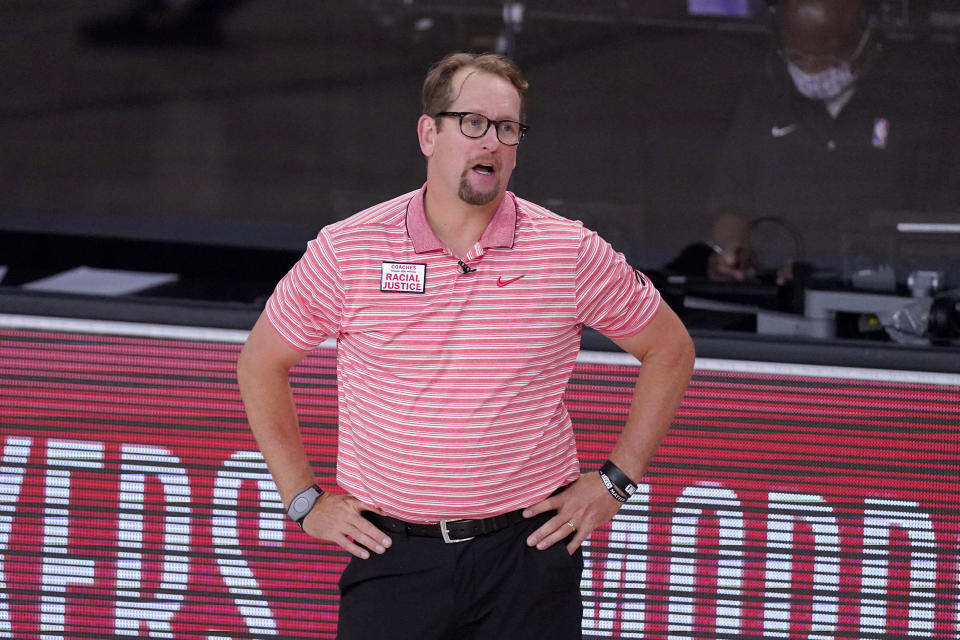 Toronto Raptors head coach Nick Nurse reacts during the second half of an NBA conference semifinal playoff basketball game against the Boston Celtics Friday, Sept. 11, 2020, in Lake Buena Vista, Fla. (AP Photo/Mark J. Terrill)