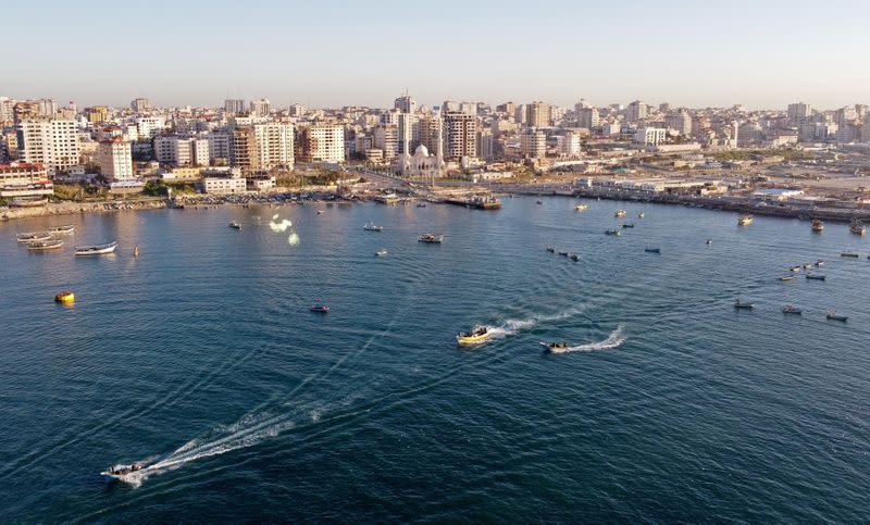 picture taken with a drone shows Palestinian fishing boats at Gaza's seaport in Gaza City