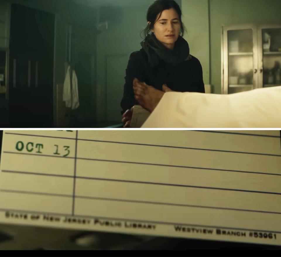 Kathryn Hahn appears concerned in a hospital scene; inset shows a library card dated October 13 from the State of New Jersey Public Library, Westview Branch