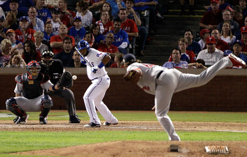 ARLINGTON, TX - OCTOBER 22: Lance Lynn #62 of the St. Louis Cardinals pitches to Elvis Andrus #1 of the Texas Rangers in the sixth inning during Game Three of the MLB World Series at Rangers Ballpark in Arlington on October 22, 2011 in Arlington, Texas. (Photo by Rob Carr/Getty Images)