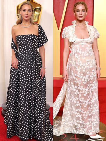 <p>Getty (2)</p> Jennifer Lawrence at the 2024 Oscars (left) and the 2024 'Vanity Fair' Oscar Party.