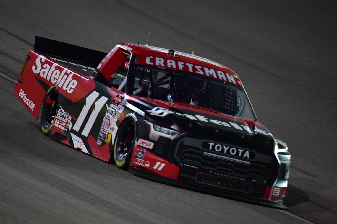 NASCAR Truck Series driver Corey Heim took the checkered flag in Saturday night’s race at Kansas Speedway. Gary A. Vasquez/file photo/USA TODAY Sports