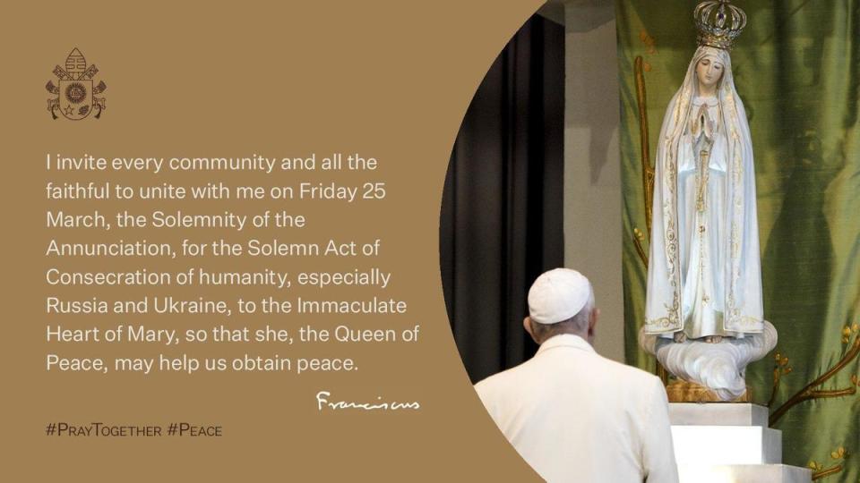 教宗方濟各22日在推特po文，邀請每個團體與信眾們一起參加25日的活動，為烏克蘭、俄羅斯及世界和平祈禱。（翻攝自@Pontifex推特）