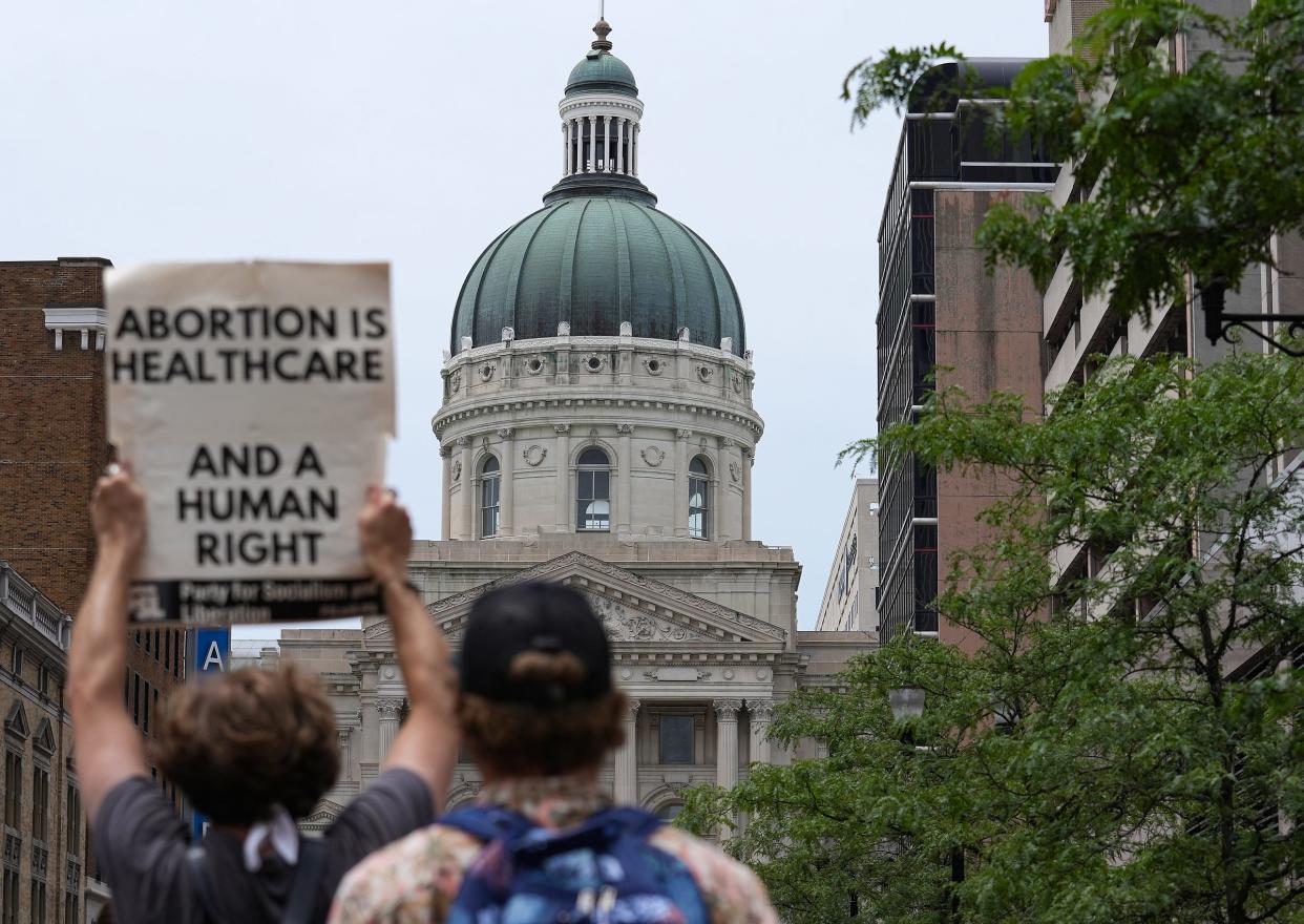 Demonstrators rally for abortion rights on Saturday, June 25, 2022, at the Indiana Statehouse in Indianapolis. The rally turned into a march around the city. There was also an anti-abortion rally held in the afternoon. 
