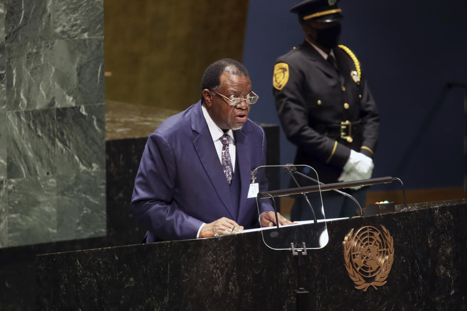 The President of Namibia, Hage Geingob addresses the 76th Session of the U.N. General Assembly at United Nations headquarters in New York, on Thursday, Sept. 23, 2021. (Spencer Platt/Pool Photo via AP)