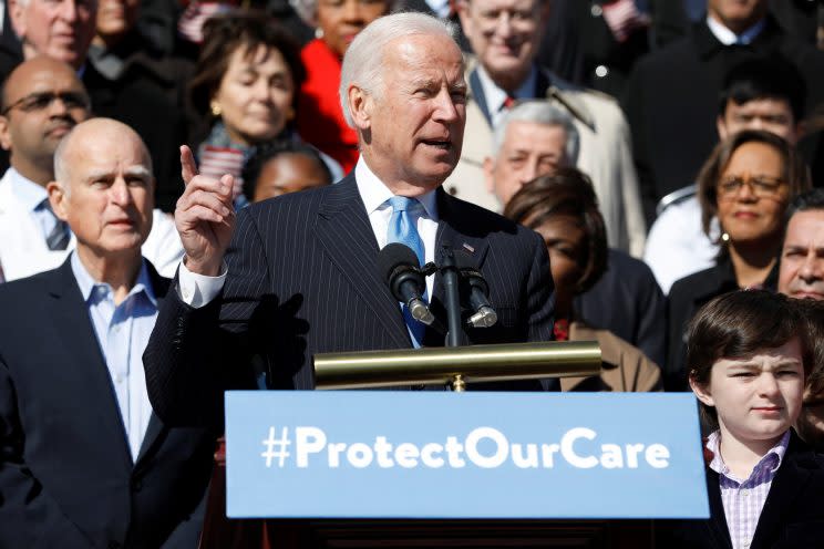 Former Vice President Joe Biden speaks at an event marking the seventh anniversary of the passing of the Affordable Care Act.