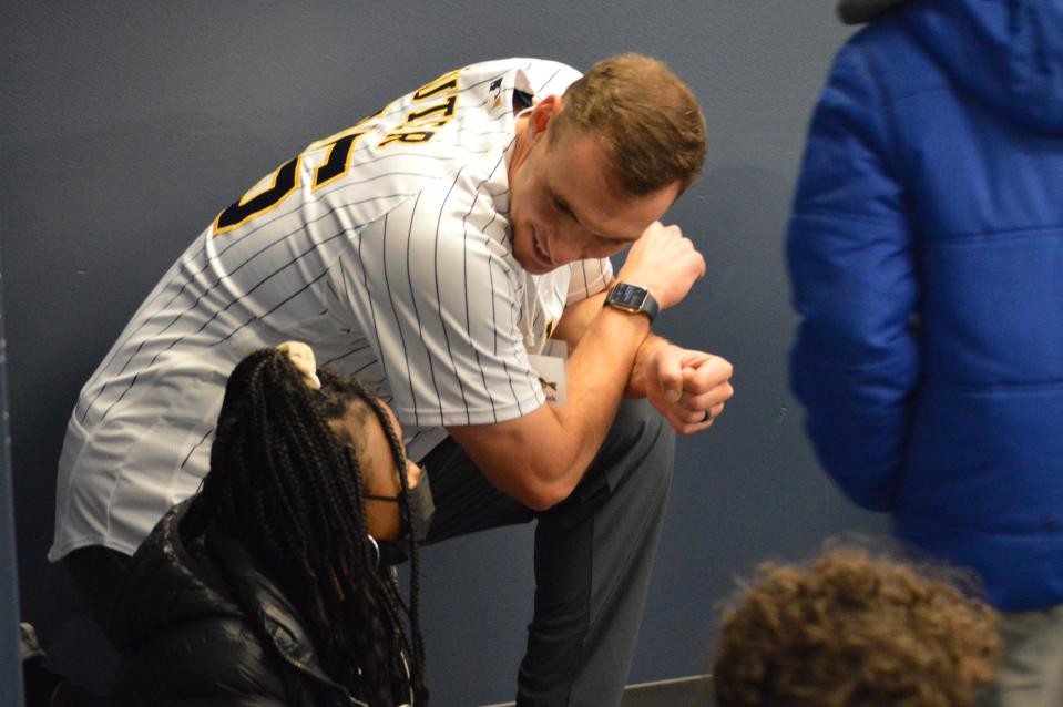 Brewers pitcher Brent Suter played a game with students during a "Waste Free Crew" event at American Family Field on May 3.