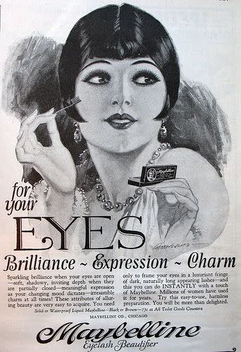 Applied with a brush, the early mascara product is described as “easy-to-use” and “harmless.” It was available in solid or waterproof, black or brown for 75 cents.