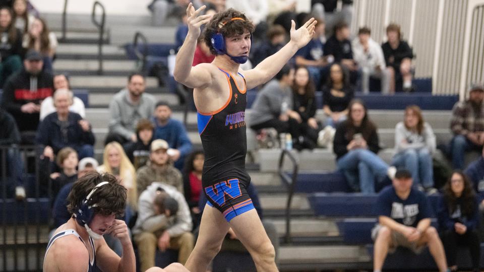 Woodstown's Brett Rowand reacts after pinning Timber Creek's Gavin Bates during the 157 lb. bout of the wrestling meet held at Timber Creek High School on Friday, February 2, 2024.