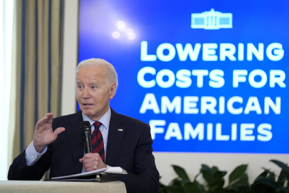 President Joe Biden speaks during a meeting of his Competition Council to announce new actions to lower costs for families in the State Dining Room of the White House in Washington, Tuesday, March 5, 2024. (AP Photo/Andrew Harnik)