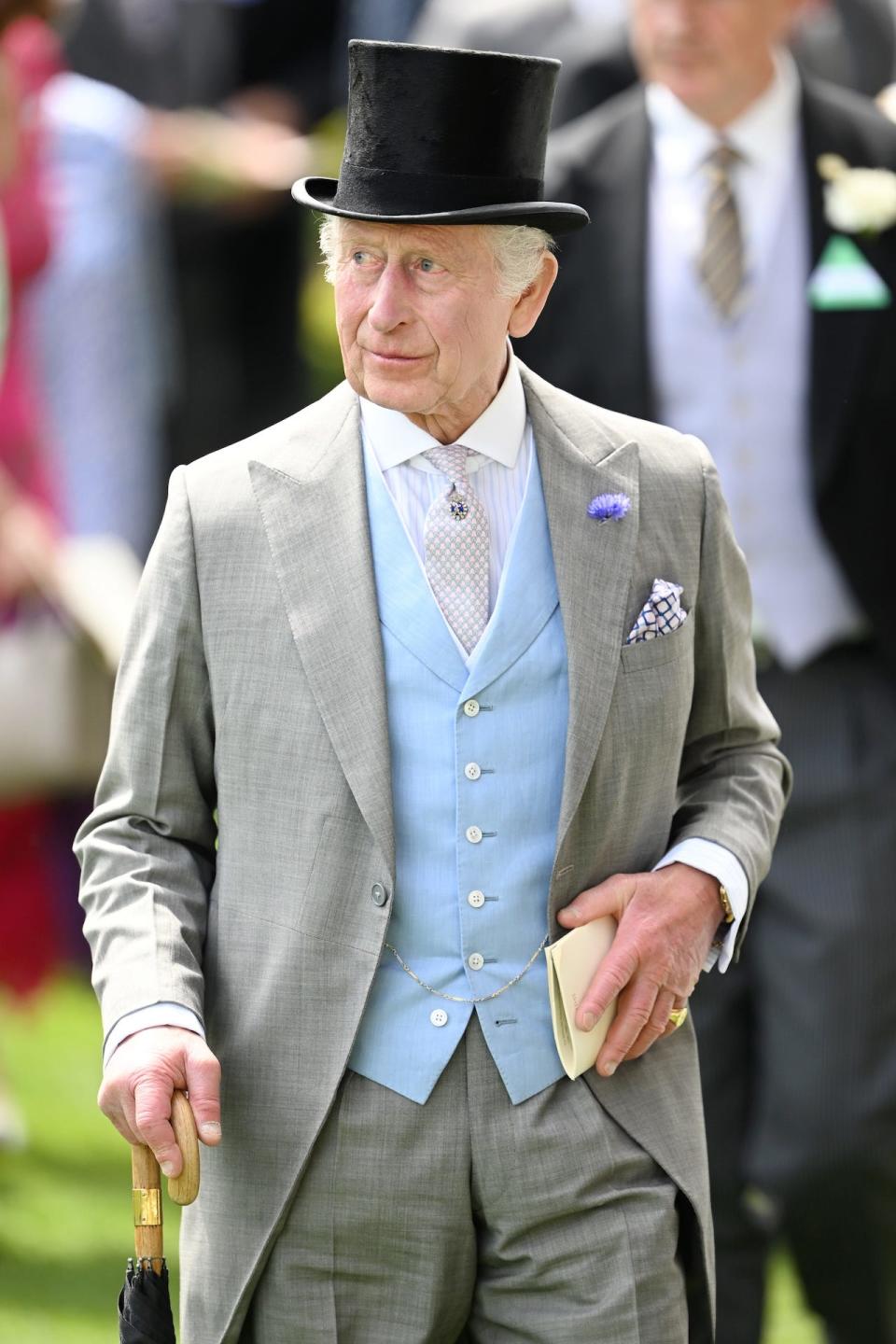 King Charles III wearing a gray morning suit with a powder blue waistcoat and black tophat.