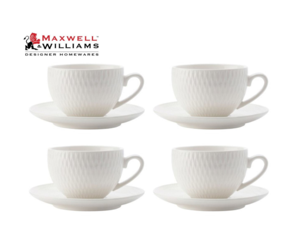 Four Maxwell & Williams white ribbed tea cups and saucers sit in rows of two on a white background.