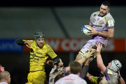 Exeter lock Dave Dennis climbs high to collect the ball in a game where the Chiefs were head and shoulders above La Rochelle