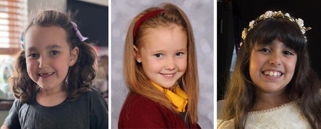 Undated handout photo issued by Merseyside Police of (left to right) six-year-old Bebe King, seven-year-old Elsie Dot Stancombe and Alice Dasilva Aguiar, nine, the three children killed in a knife attack during a Taylor Swift event at a dance school on Monday. 