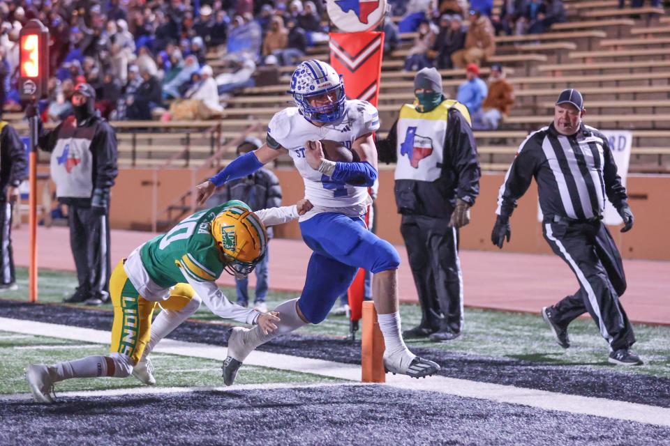 Stratford’s Bryce Braden (4) steps into the end zone for a touchdown during a Class 2A Division 1 Regional Semifinal game against New Deal, Friday night, November 24, 2023, at Dick Bivins Stadium, in Amarillo, Texas. Stratford won 53-16.