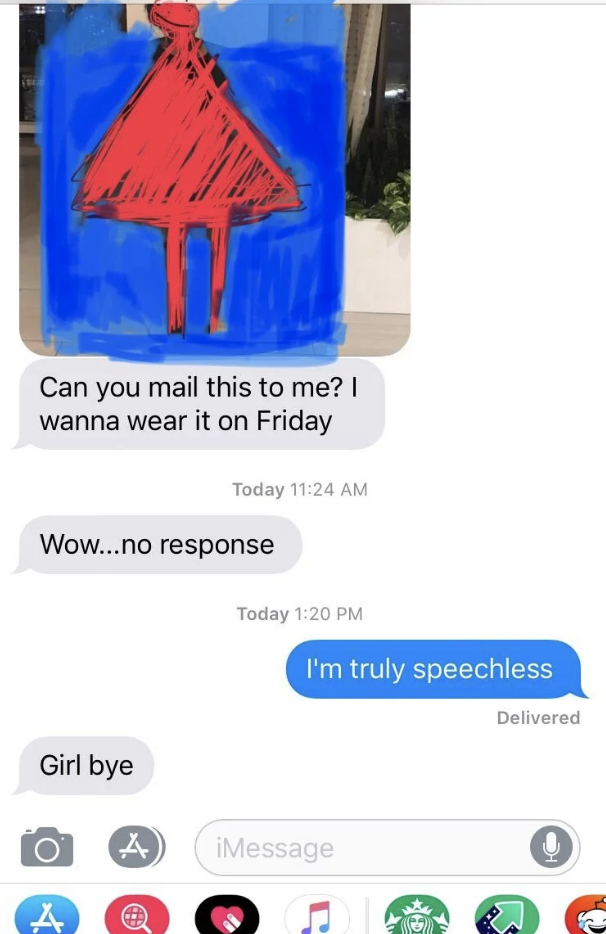 Child's drawing of a red dress on a blue background, text message conversation about mailing the drawing