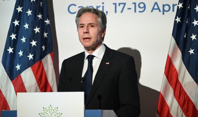 Antony Blinken, US Secretary of State, speaks during a press conference at the G7 foreign ministers' meeting. Britta Pedersen/dpa