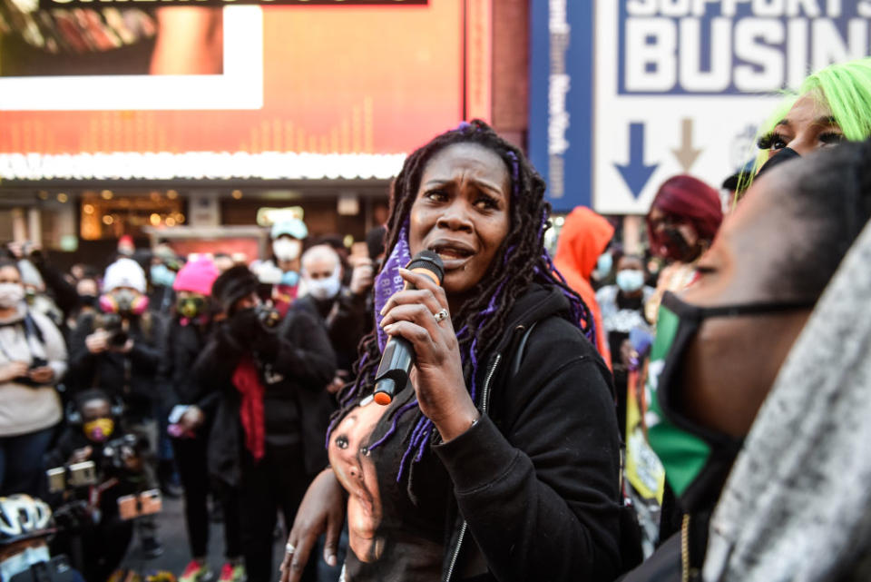Tanesha Grant speaks at a New York City protest marking the one-year anniversary of Breonna Taylor’s death at the hands of police. (Stephanie Keith / Getty Images)