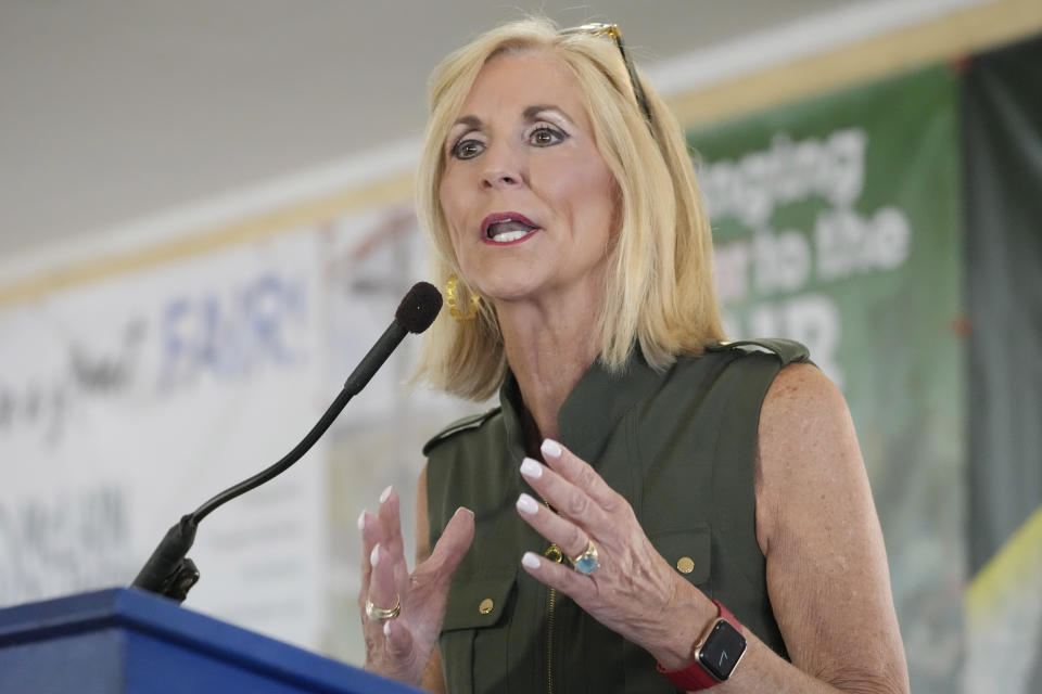 Mississippi Republican Attorney General Lynn Fitch addresses the crowd at the Neshoba County Fair in Philadelphia, Miss., Wednesday, July 26, 2023. Fitch seeks reelection in November. (AP Photo/Rogelio V. Solis)