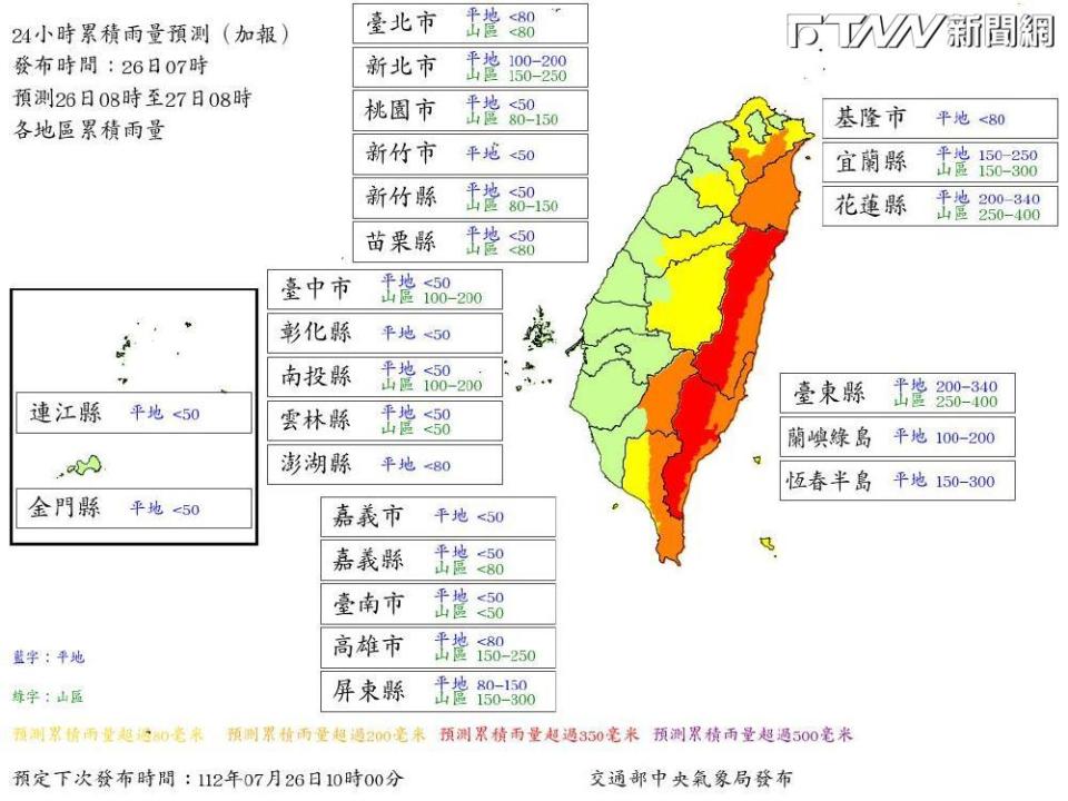 氣象局預測未來24小時雨量，平地部分，花東預估達200至340毫米、恆春半島預估150至300毫米。（圖／中央氣象局）